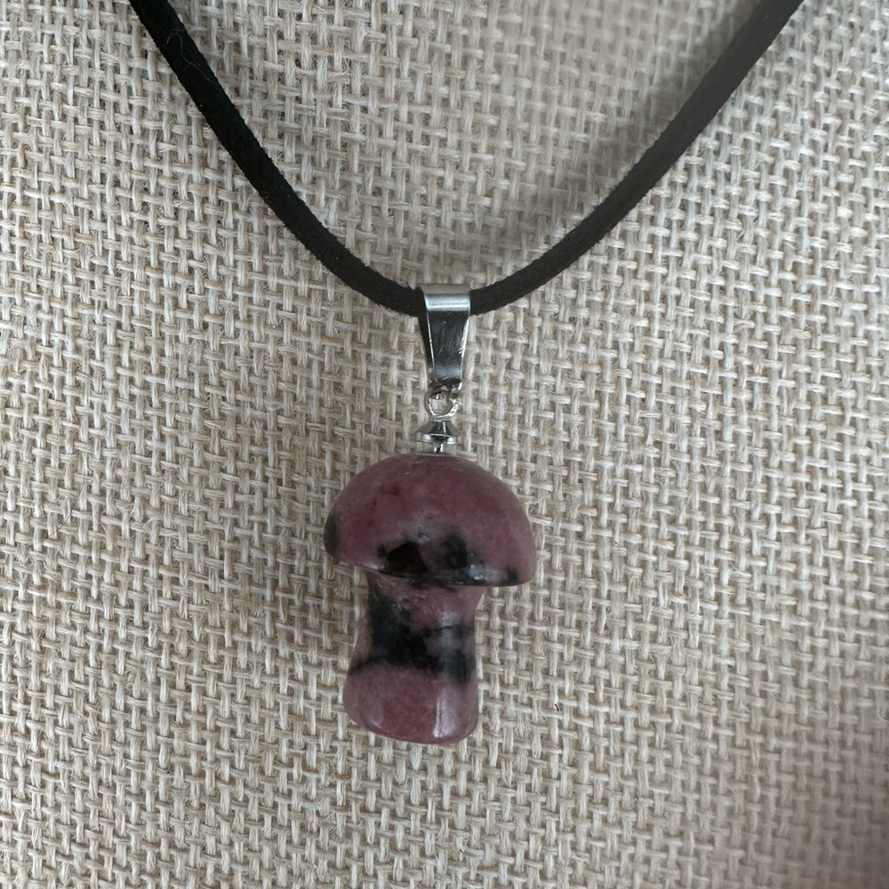 Mini Rhodonite Mushroom Pendant Necklace on Black Faux Suede
